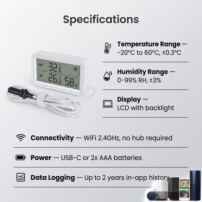Temp Humidity Sensor LCD specifications - temperature humidity range, LCD display, WiFi, 2 year data logging
