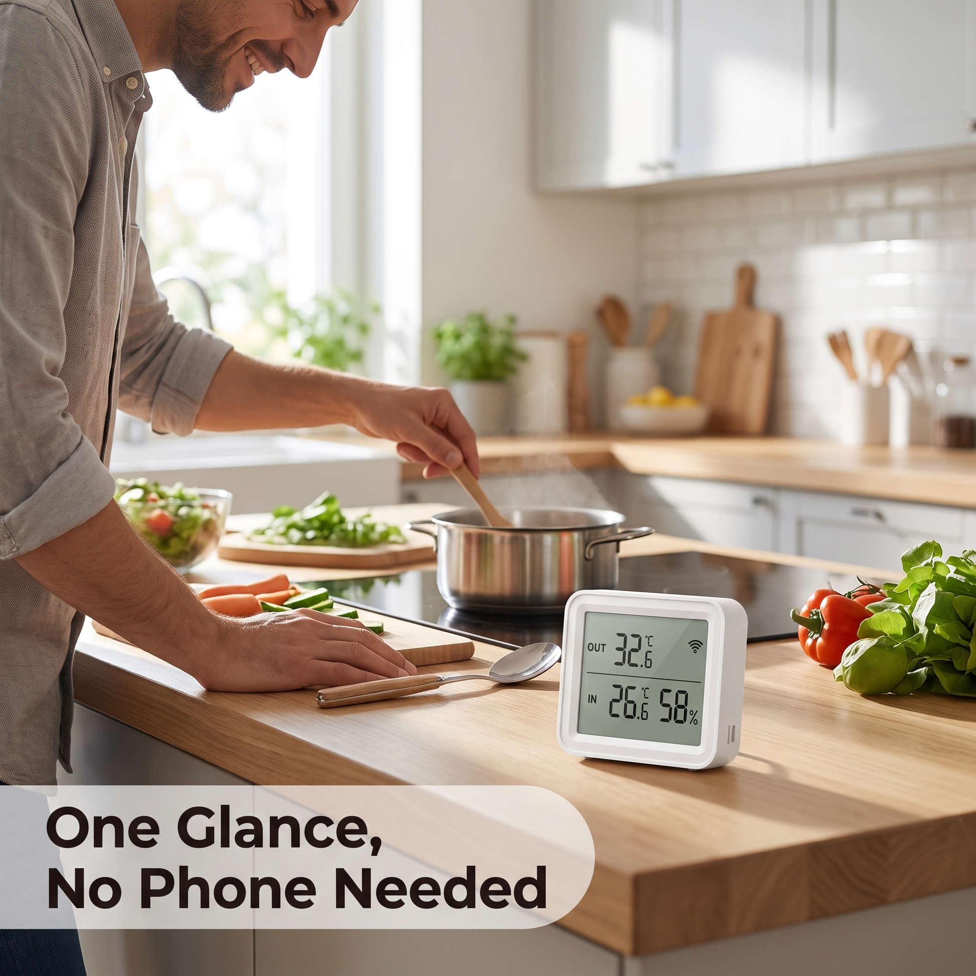 WiFi temperature humidity sensor LCD display on kitchen counter