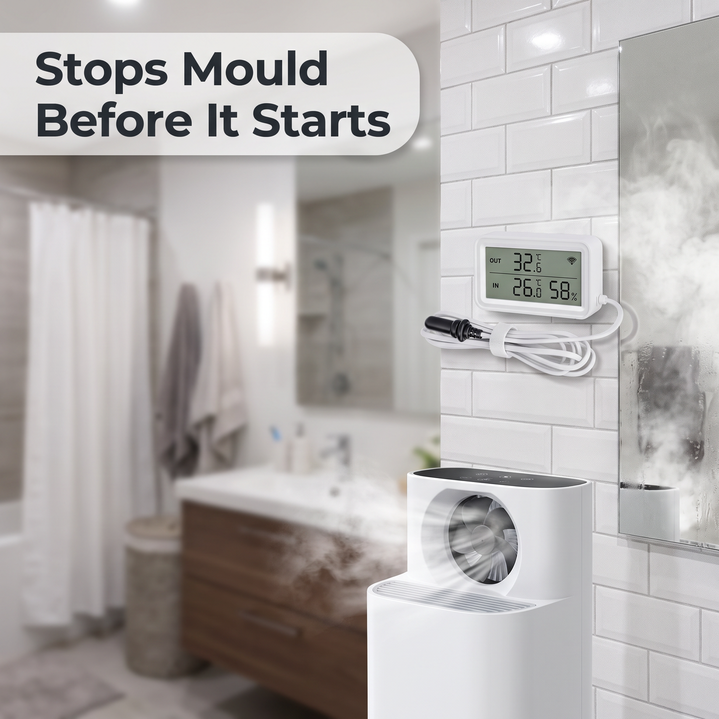 WiFi temperature humidity sensor triggering dehumidifier in bathroom
