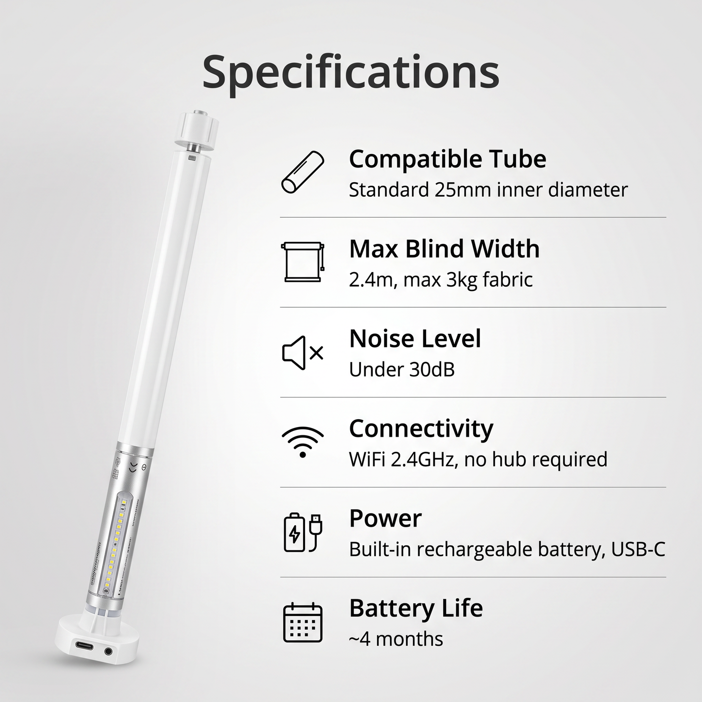 WiFi Roller Blind Motor specifications - 25mm tube, 2.4m width, under 30dB, WiFi, rechargeable battery