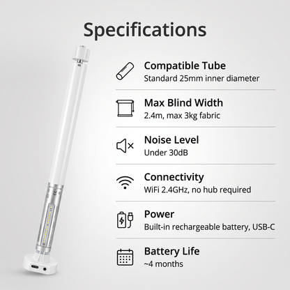 WiFi Roller Blind Motor specifications - 25mm tube, 2.4m width, under 30dB, WiFi, rechargeable battery