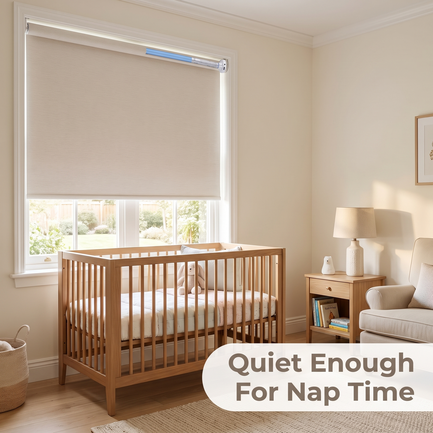 Silent WiFi roller blind motor rising gently in nursery