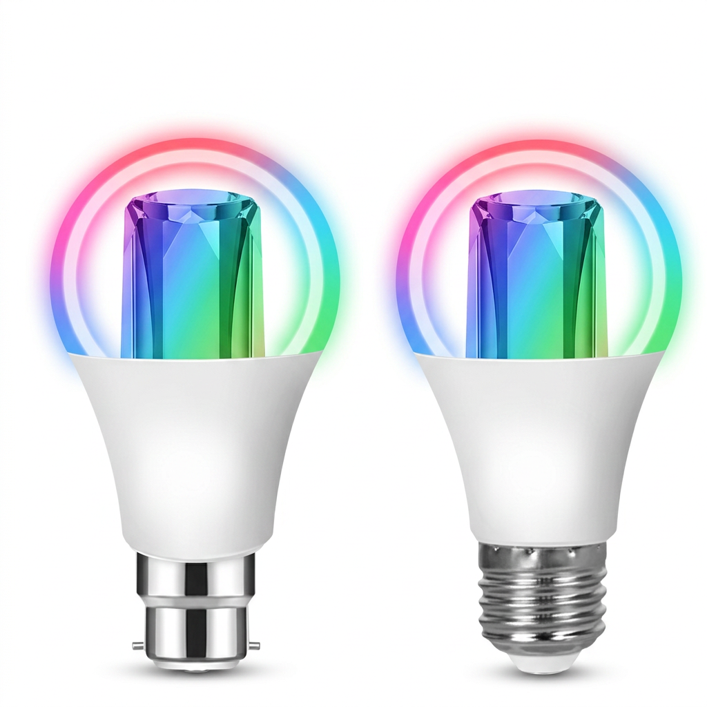 PureNode ZigBee Smart Bulb RGBCW 18W - B22 bayonet and E27 screw fittings side by side on white