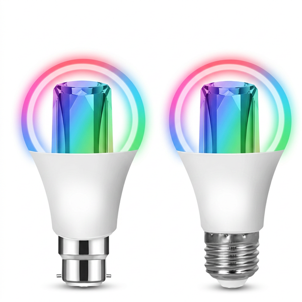 PureNode ZigBee Smart Bulb RGBCW 18W - B22 bayonet and E27 screw fittings side by side on white