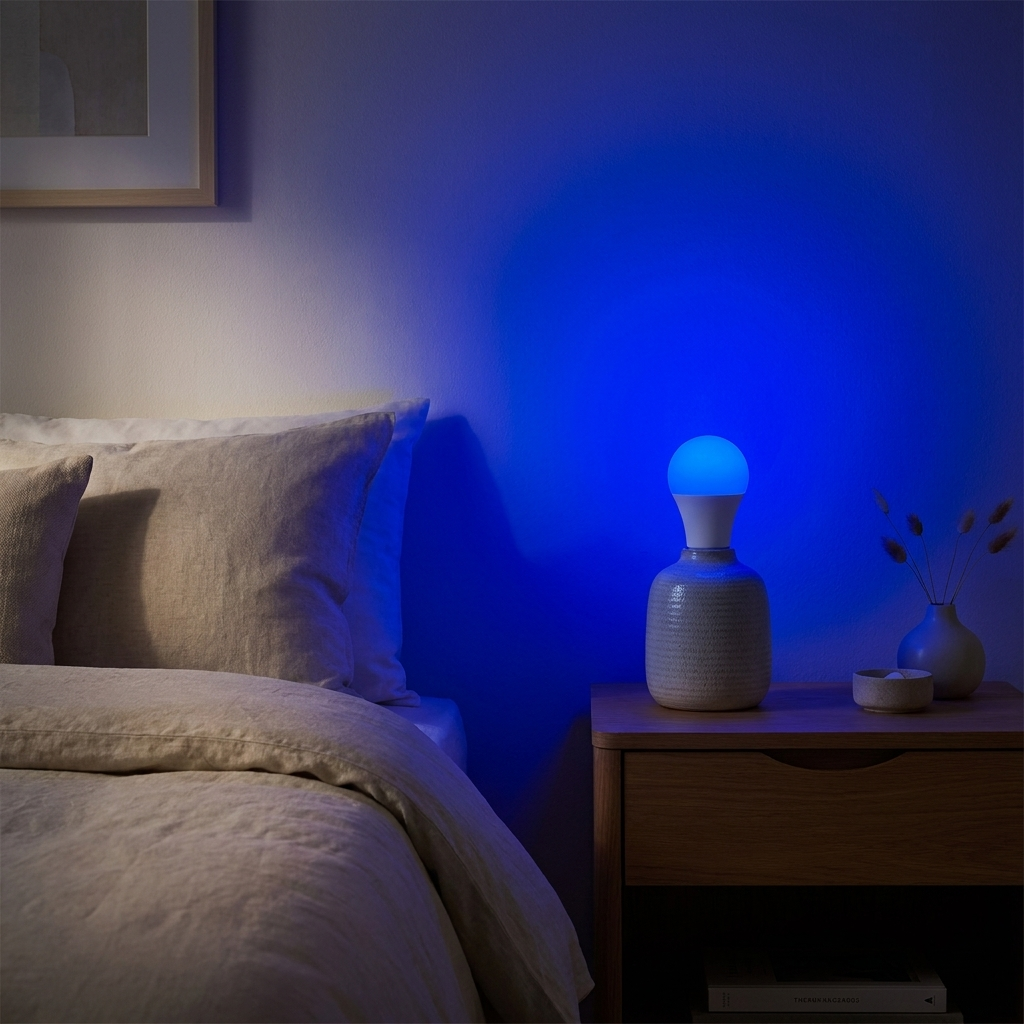 PureNode ZigBee Smart Bulb set to blue in a bedside lamp, washing the bedroom wall with colour