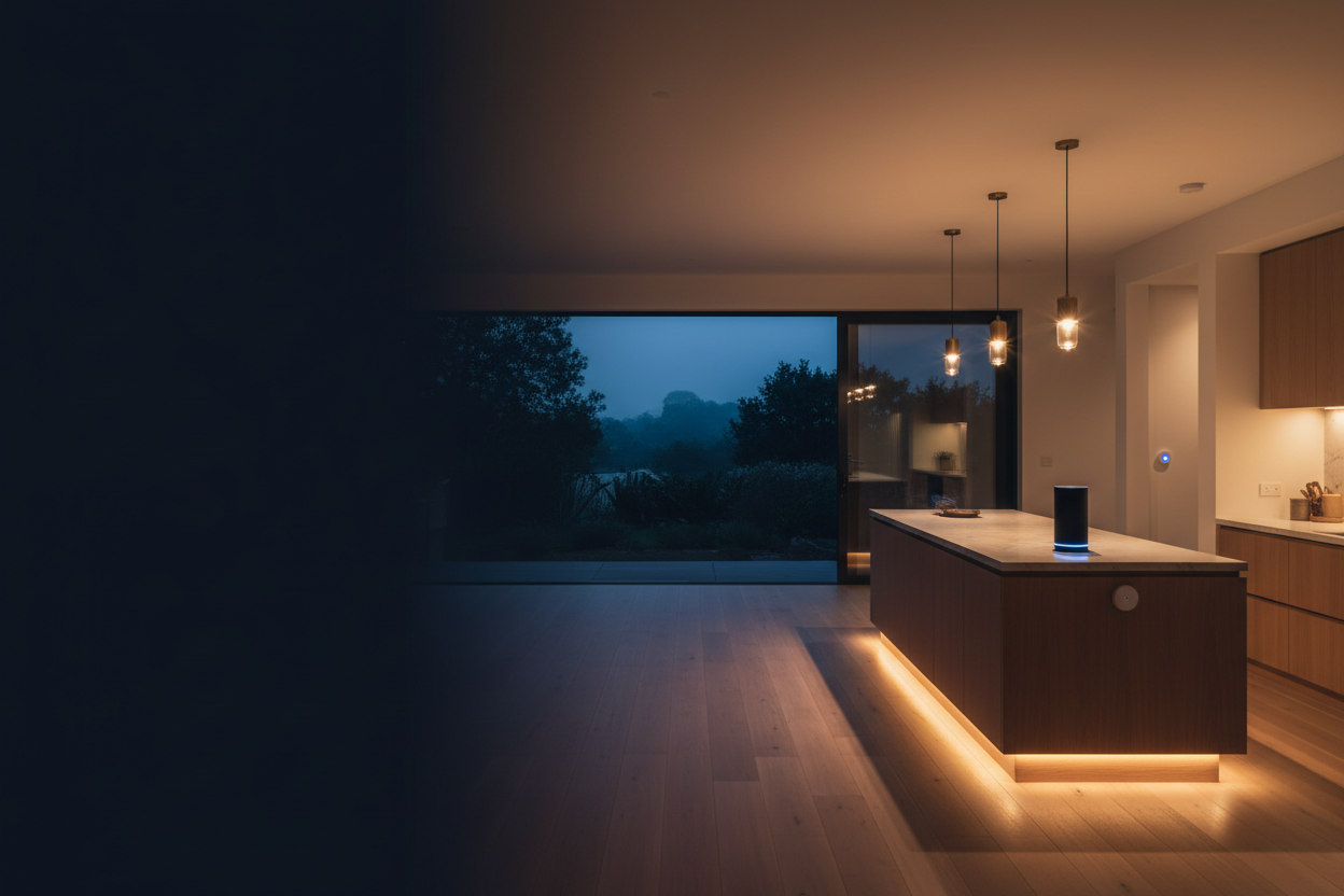 Slide 1 — Smart Home Interior at Dusk